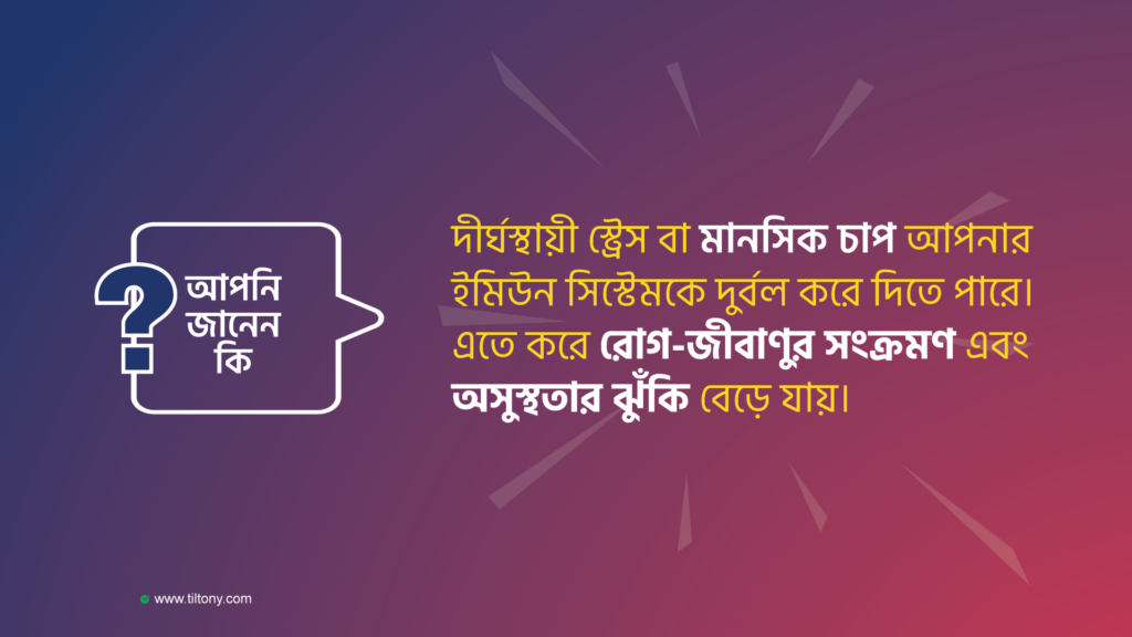 দীর্ঘস্থায়ী স্ট্রেস বা মানসিক চাপ আপনার ইমিউন সিস্টেমকে দুর্বল করে দিতে পারে। এতে করে রোগ-জীবাণুর সংক্রমণ এবং অসুস্থতার ঝুঁকি বেড়ে যায়।