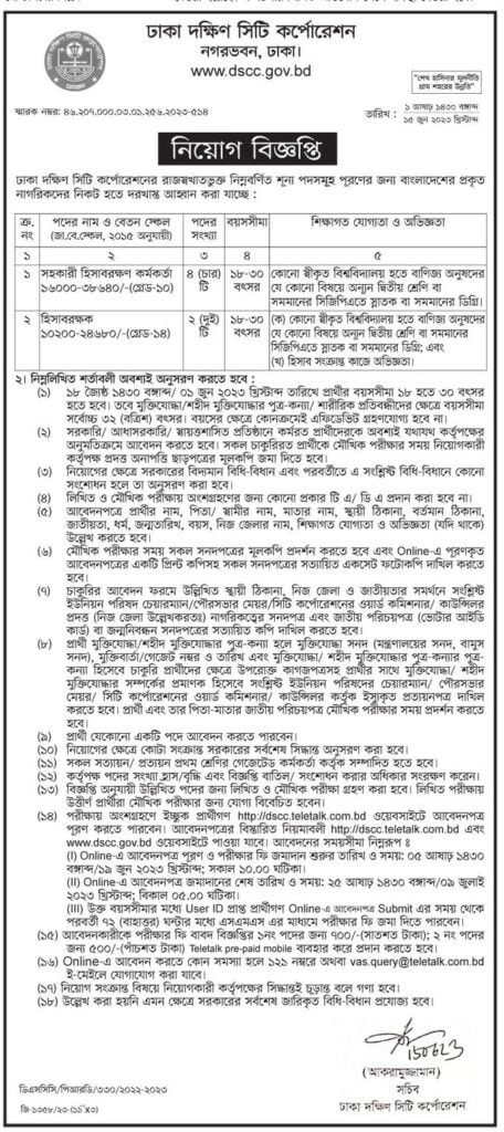 Dhaka South City Corporation (DSCC) Job Circular 2023