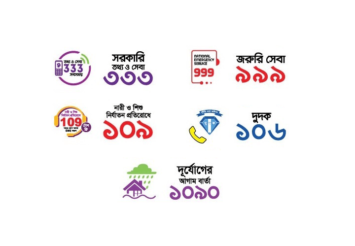 সরকারি বিভিন্ন সেবার জরুরি হটলাইন নম্বরসমূহ